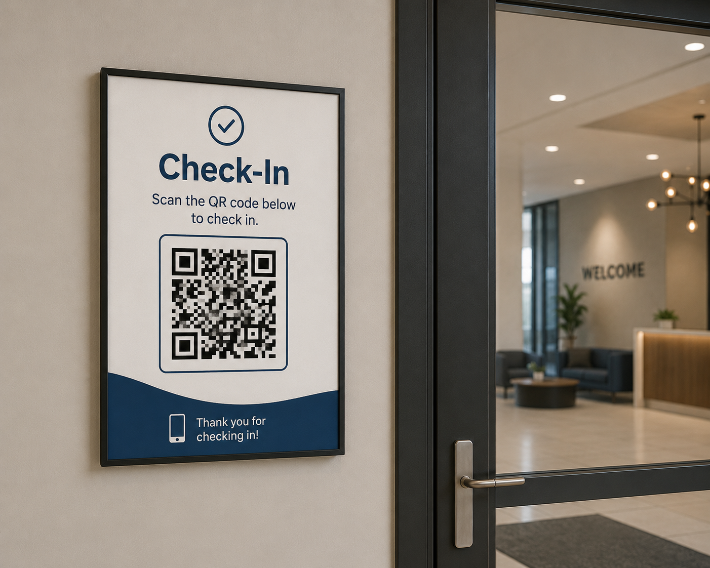 A printed QR check-in sign mounted on a lobby wall beside a glass entry door